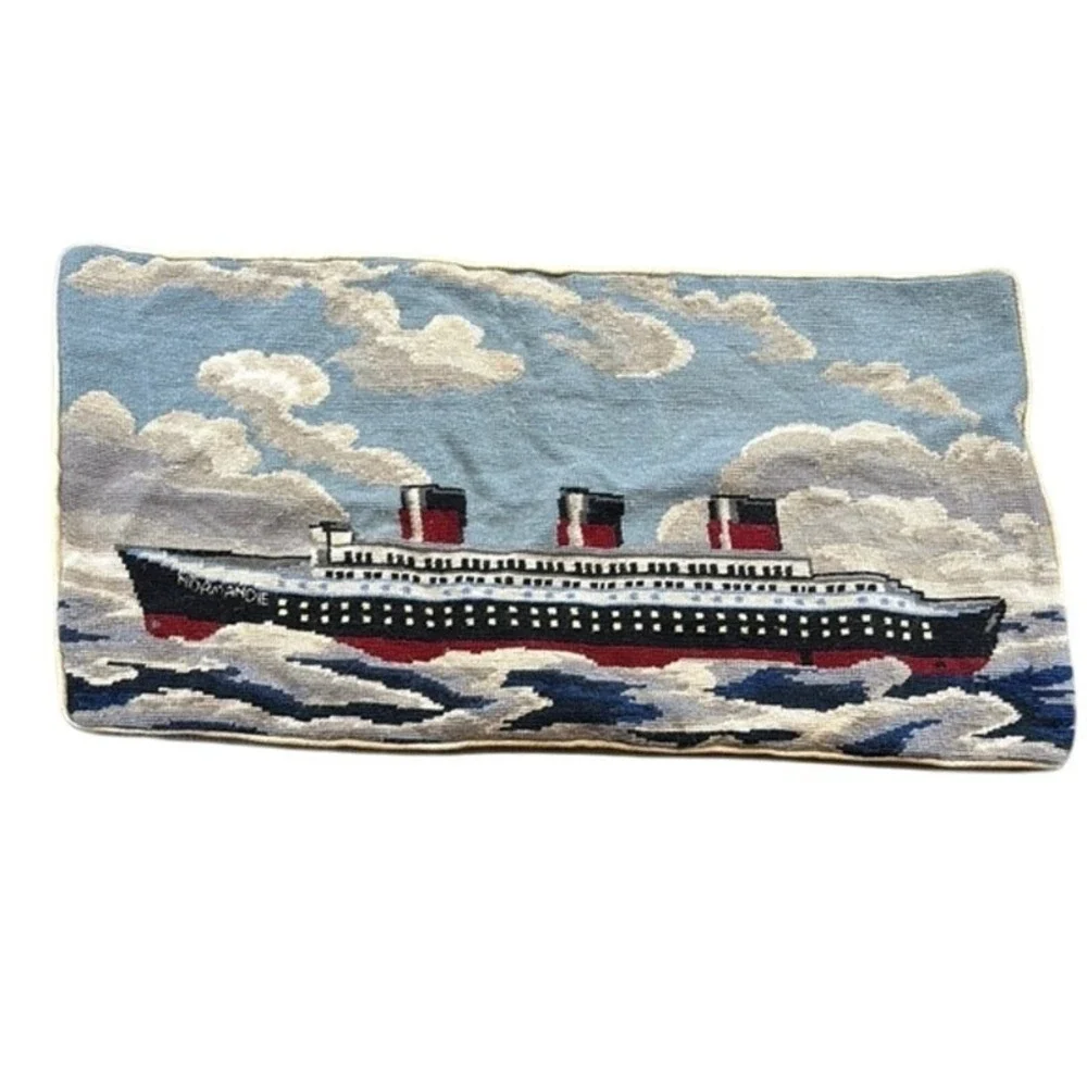 Vintage Wool Needlepoint Normandie Nautical Them Decorative‎ Pillow 15Hx28Wx5D